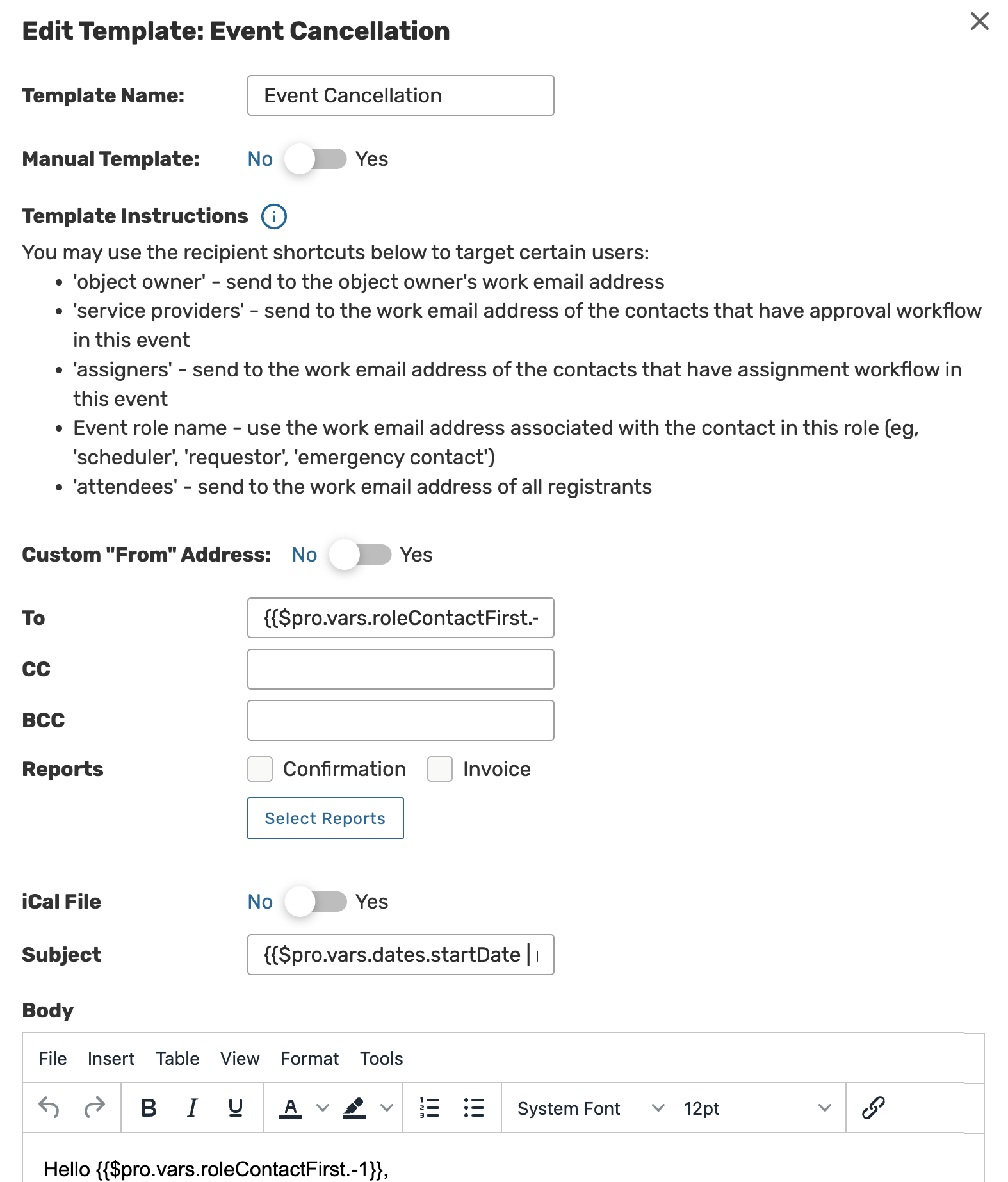 email template fields