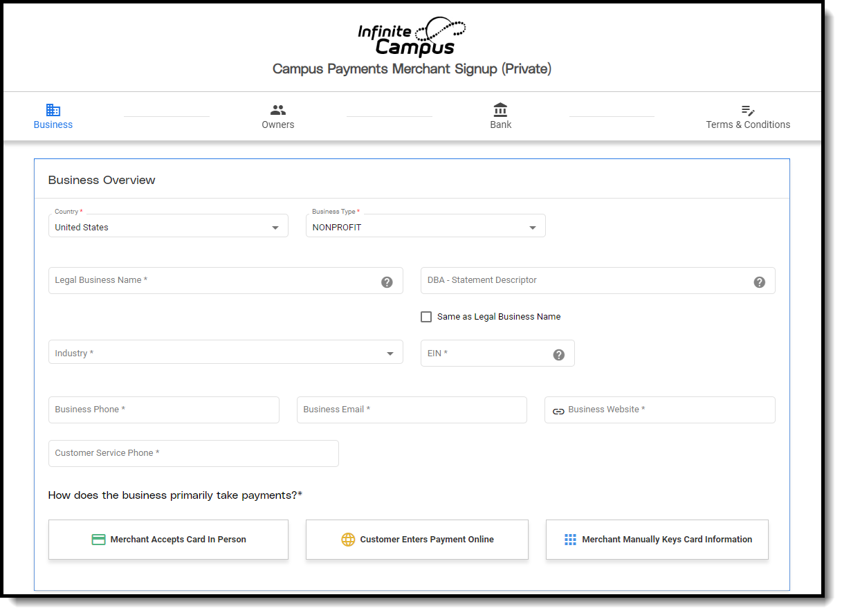 Screenshot of Business step of Campus Payments Merchant Signup
