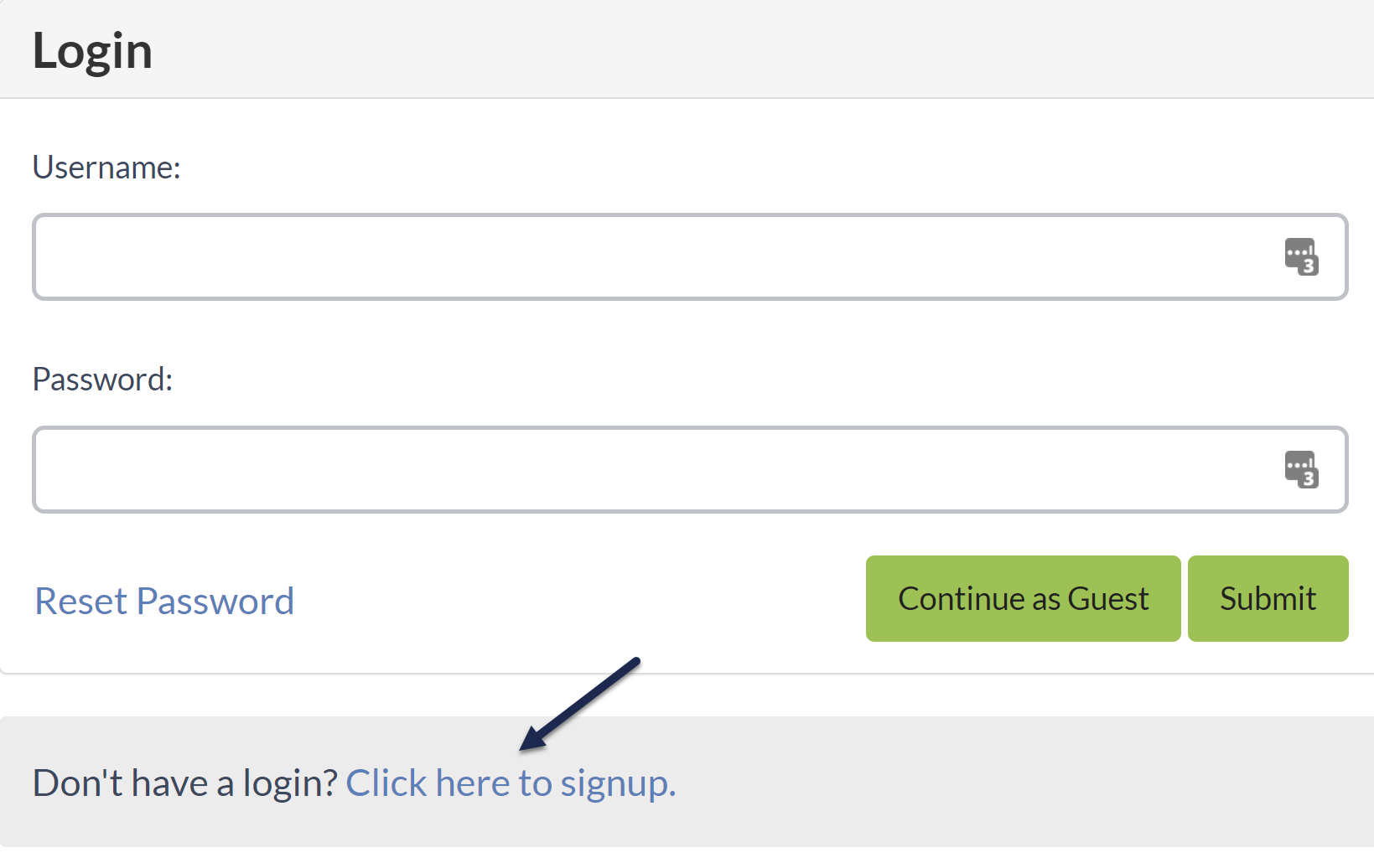 Screenshot of a sample login page with the signup link highlighted