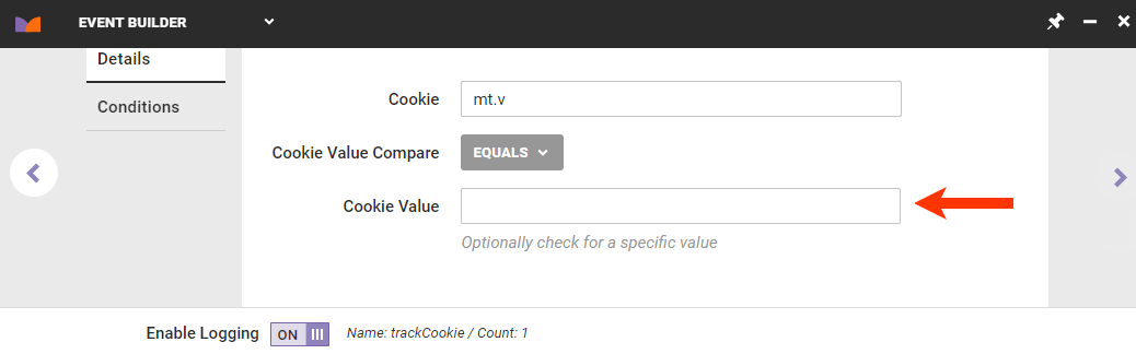 Callout of the 'Cookie Value' field on the Details tab for a cookie-type impressions event