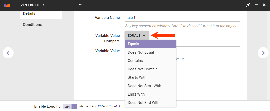 Callout of the 'Variable Value Compare' selector on the Details tab for a JavaScript variable-type impression event