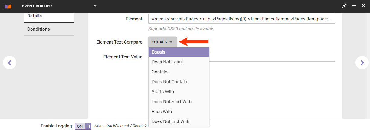 Callout of the 'Element Text Compare' selector on the Details tab for an HTML element-type impression event