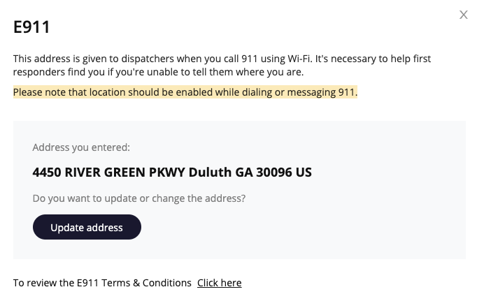 screen showing update address button