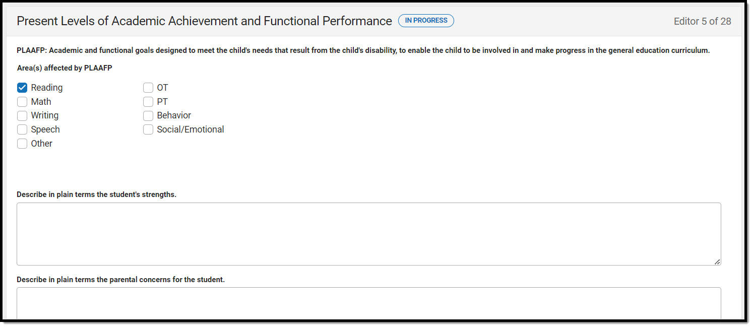Screenshot of the Present Levels of Academic and Functional Performance editor.