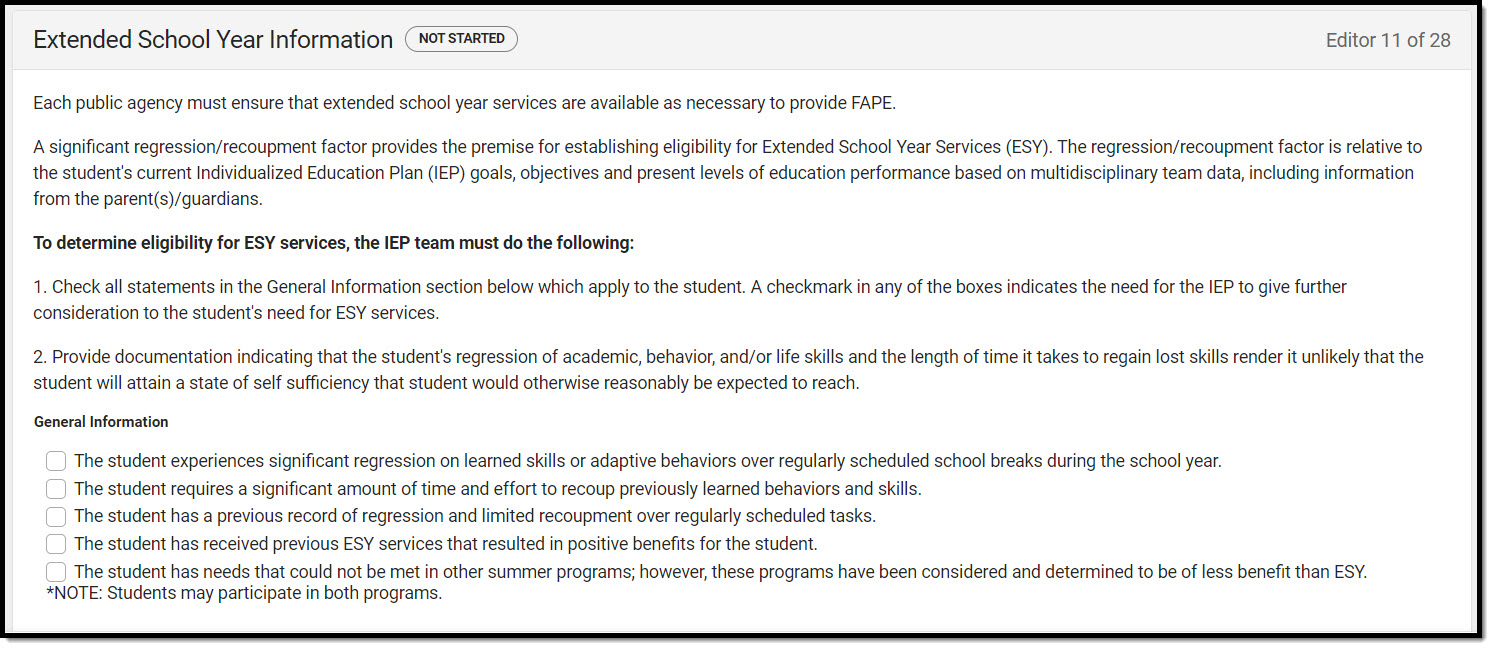 Screenshot of the Extended School Year Information editor.