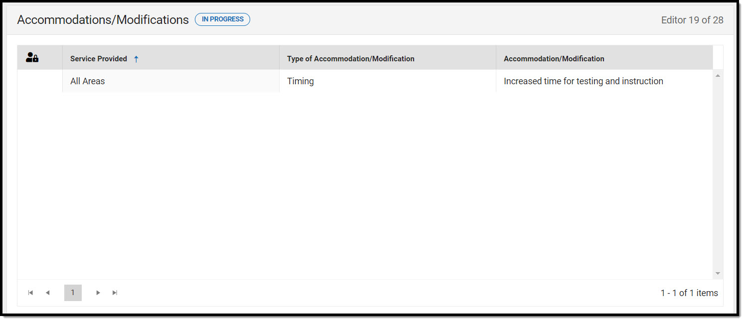 Screenshot of the Accommodations/Modifications List Screen.