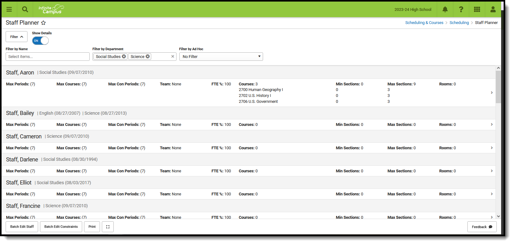 Screenshot of the Staff Planner located at Scheduling and Courses, Scheduling.