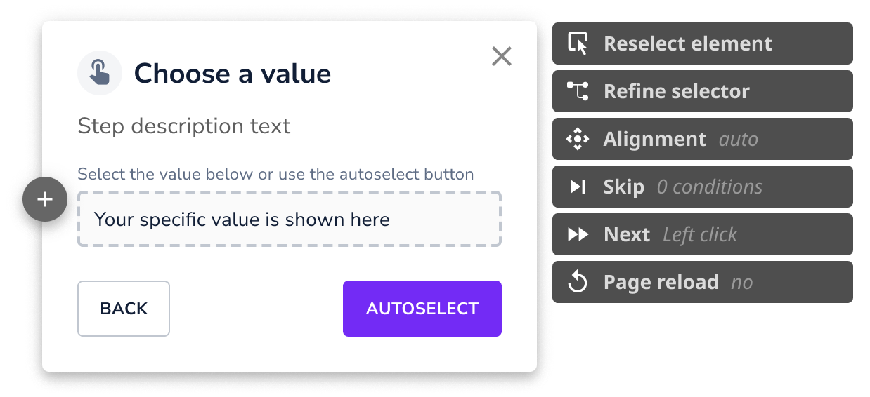 Editor view of a step with the refine selector button