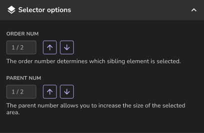 Selector options section with the order num and parent num settings
