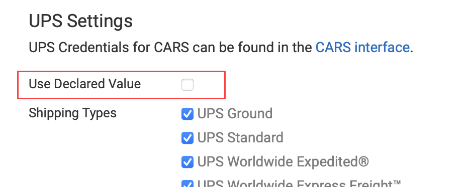 The Use Declared Value setting in the UPS location group settings