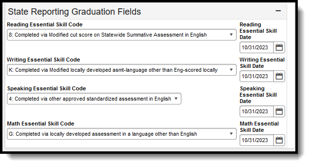 Screenshot of the State Reporting Graduation Fields section. 
