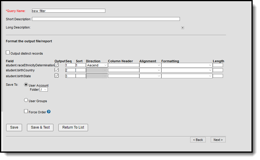 screenshot of output formatting options available