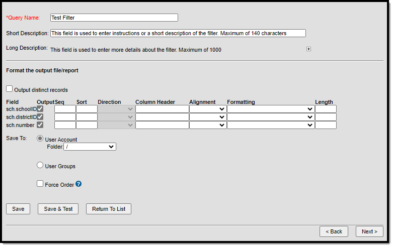 screenshot of available output fields