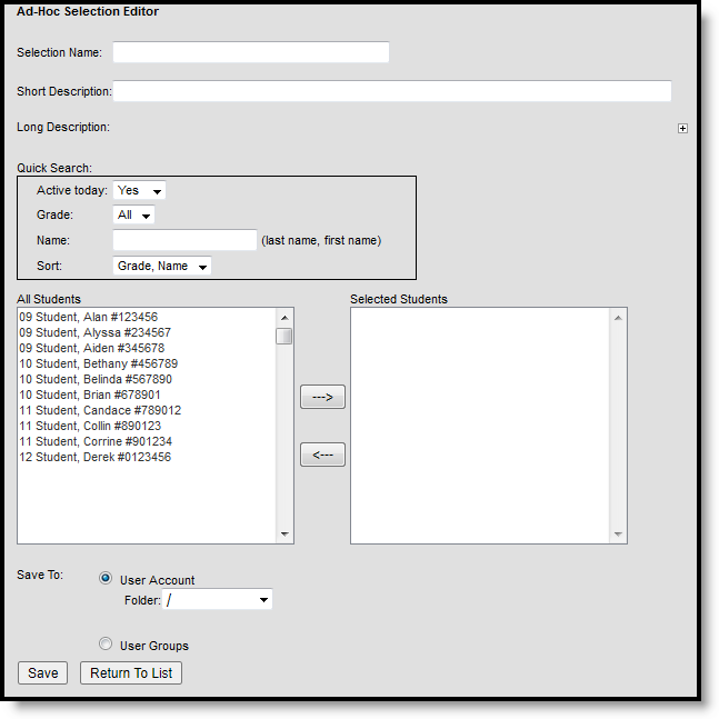 screenshot of the selection editor and available options