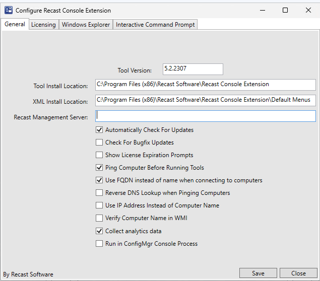 Configure Recast Console Extension, General tab
