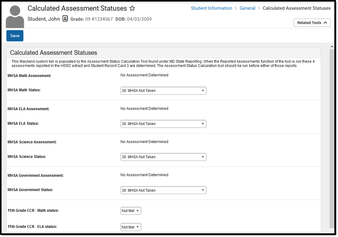 Image of the Calculated Assessment Statuses screen.
