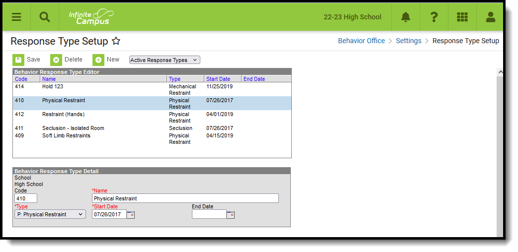 Image showing Behavior Response Types editor located in Behavior Office Settings Response Type Setup