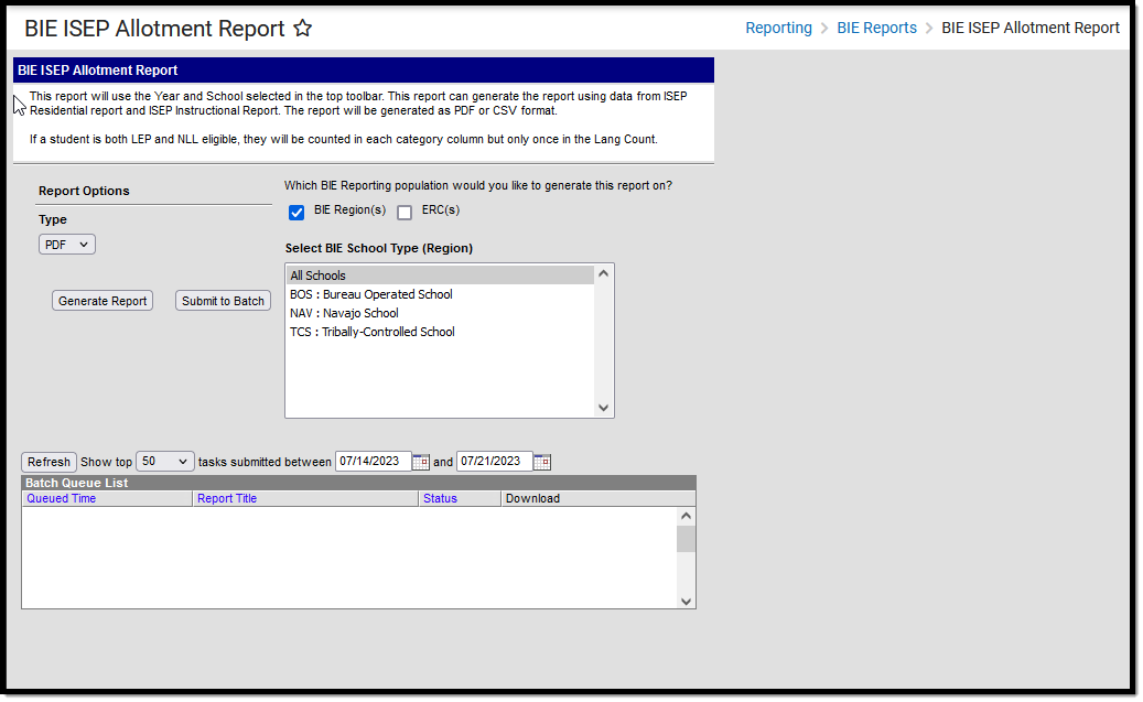 Screenshot of the BIE ISEP Allotment Report Editor.
