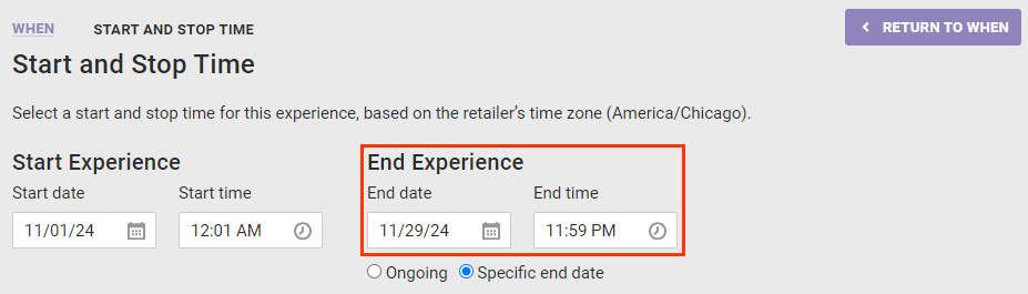 Callout of the 'End Experience' settings configured to 11:59 PM on Black Friday