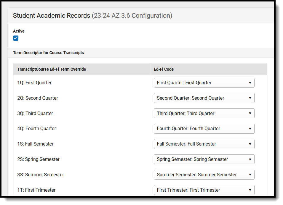 Screenshot of the Student Academic Records mapped preferences. 