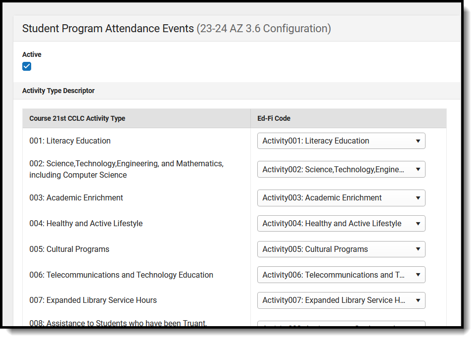 Screenshot of the Student Program Attendance Events mapped preferences