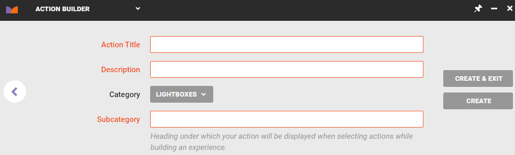 The final panel of Action Builder, with the Action Title, Description, and Subcategory fields empty and 'LIGHTBOXES' selected for the Category setting