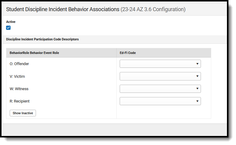 Screenshot of the Student Discipline Incident Behavior Associations mapped preferences. 