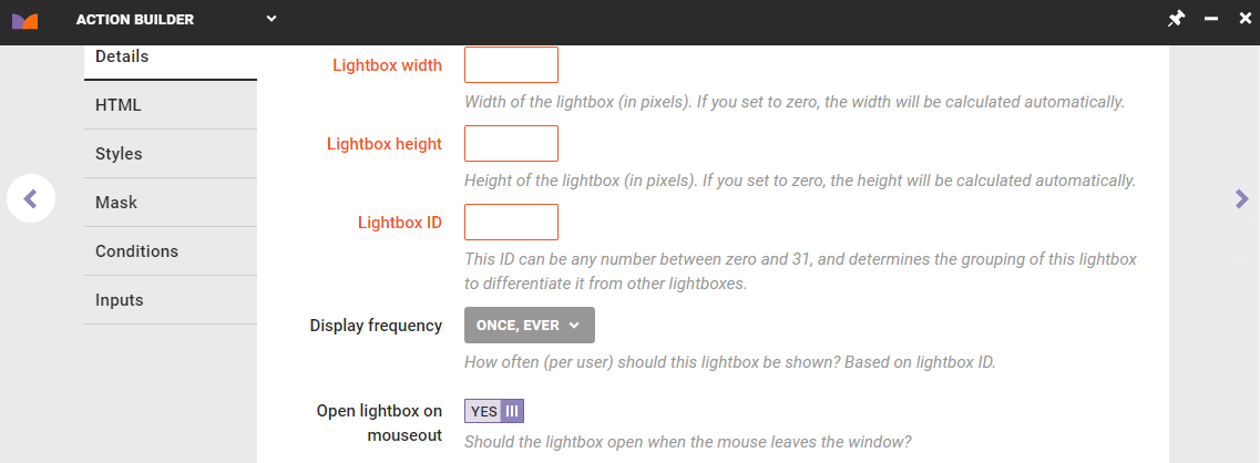 View of the Details tab of an Exit Intent HTML Lightbox action, with the Lightbox width, Lightbox height, Lightbox ID fields, the Display Frequency selector, and the 'Open lightbox on mouseout' toggle