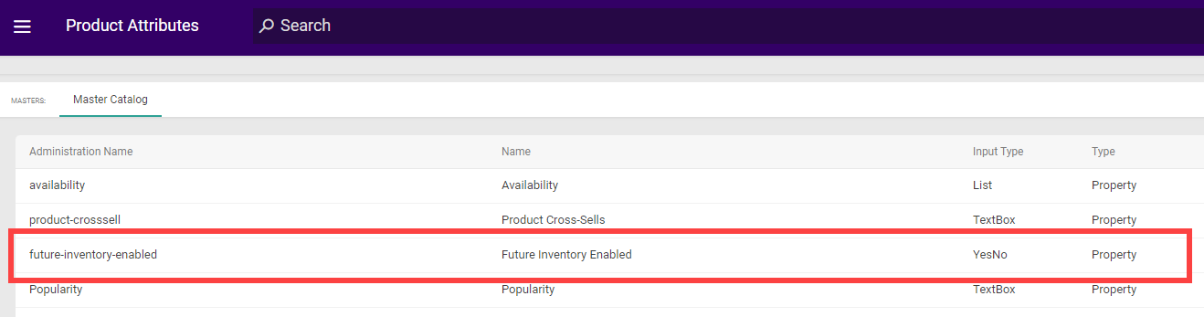 The Product Attributes page with an example of the future-inventory-enabled attribute