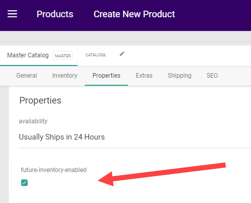 The Properties section of product settings with a callout for the future inventory attribute
