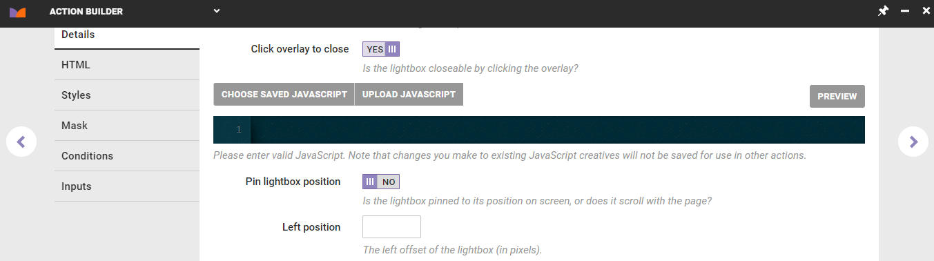 The JavaScript editor on the Details tab