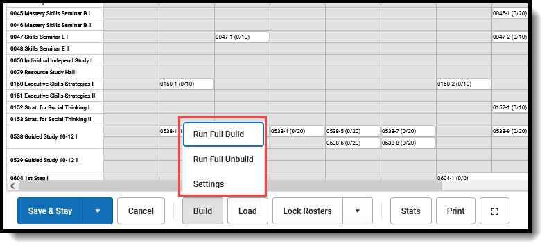 Screenshot of the available Build options in the Scheduling Board