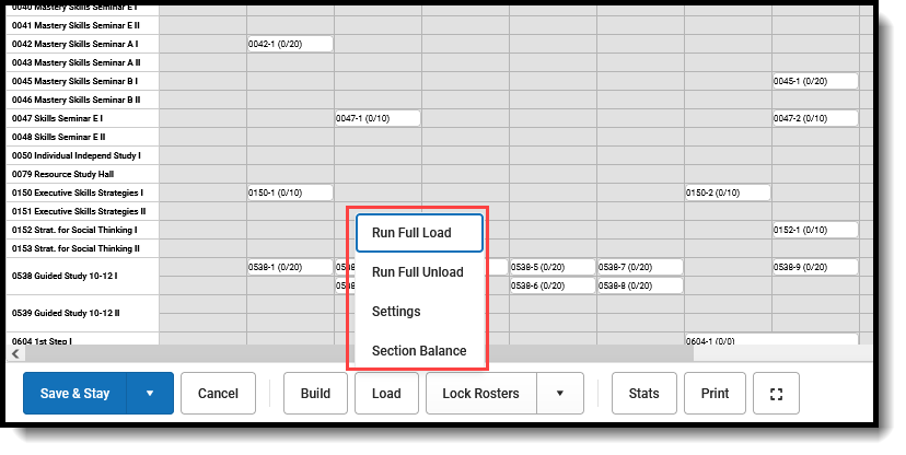 Screenshot of the available Load options in the Scheduling Board