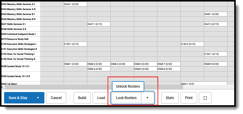 Screenshot of the available Lock Rosters options in the Scheduling Board