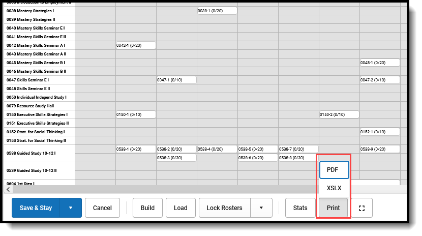 Screenshot of the available Print options in Scheduling Board