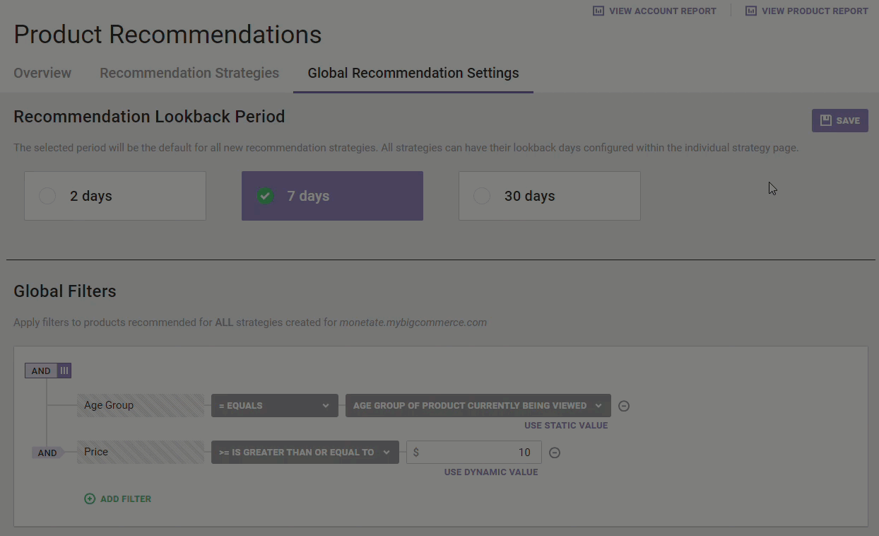 Animated demonstration of a user clicking the SAVE button and then clicking OK to acknowledge the warning that global filters apply to all recommendations