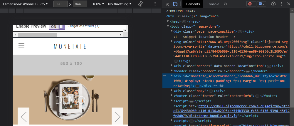 Preview of an image banner placeholder that appears below the header on the mobile view of a retail website as seen in Chrome DevTools Device Mode