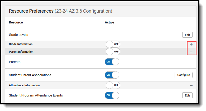 Image shows the plus and minus options on the Resrouce Preferences tool