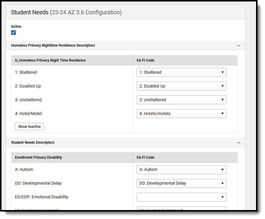 Screenshot of the Student Needs resource mapped preferences. 