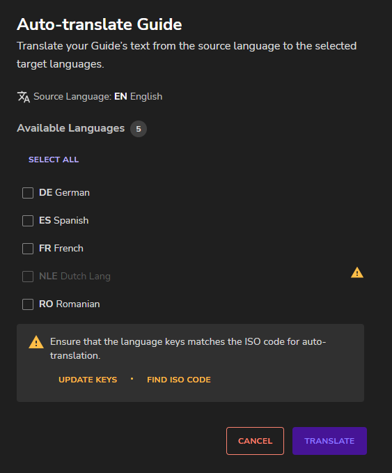 Auto-Translate setting window with available language list in the Userlane Editor