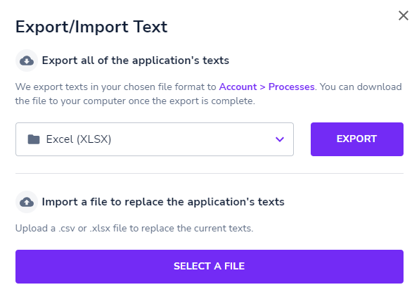 Userlane Portal text export or import settings window