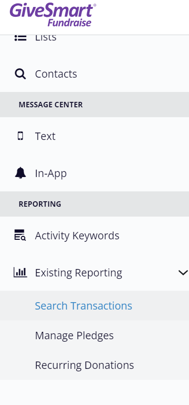 Reporting > Search Transactions