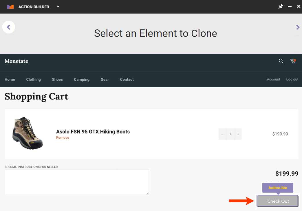 The 'Select an Element to Clone' panel in Action Builder, with a callout of the cart page's 'Check Out' button to be cloned