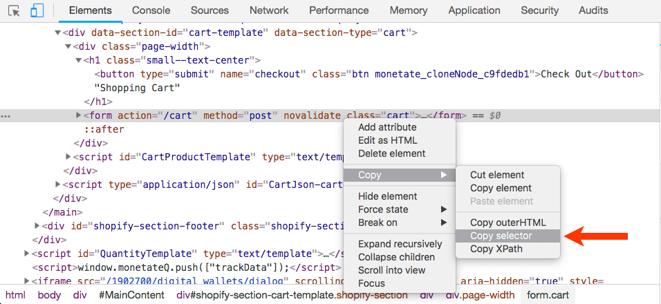Callout of the 'Copy selector' option in a contextual menu in Chrome DevTools