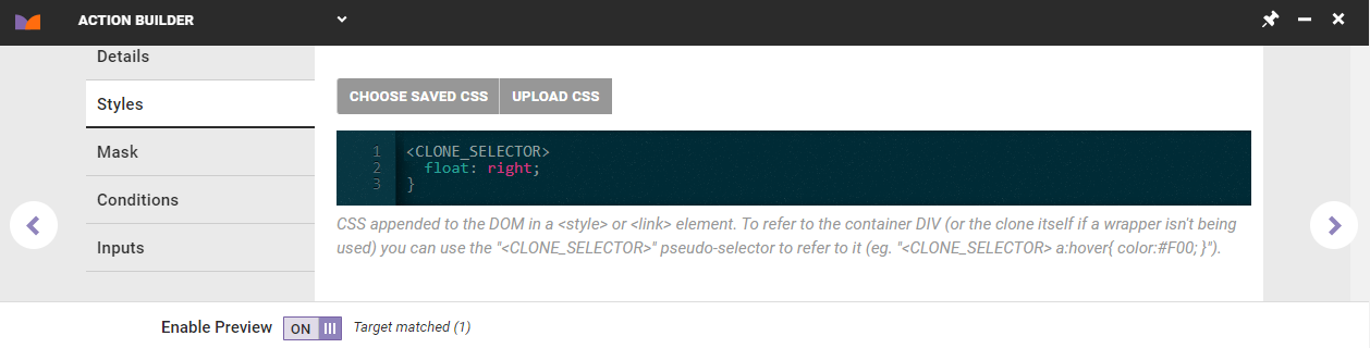 View of the Styles tab in Action Builder, with the CSS required for the cloned button