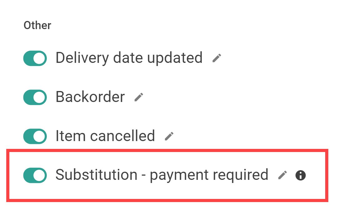 The Other email settings with a callout for Substitution - Payment Required