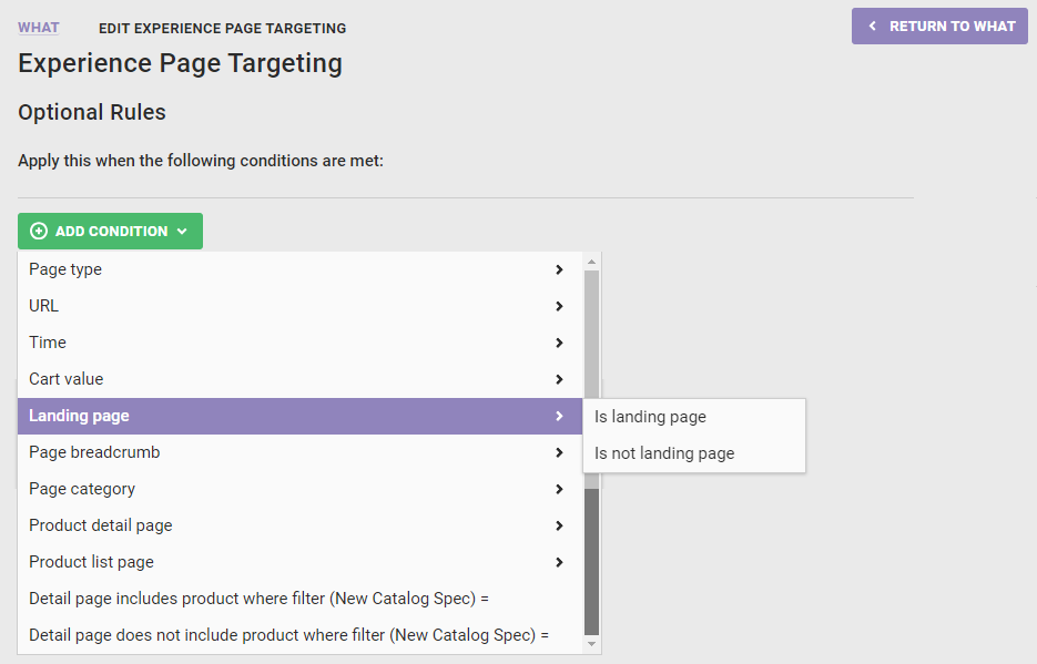 View of the 'Landing page' category and its options in the ADD CONDITION selector