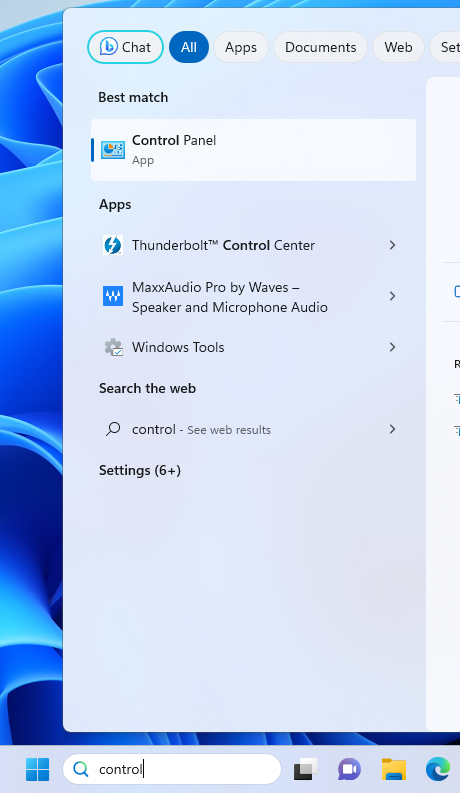 windows search bar with control typed in control panel as a search result