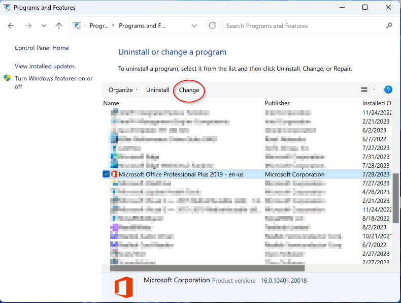 programs and features list, with Microsoft Office indicated and selected and the change button highlighted