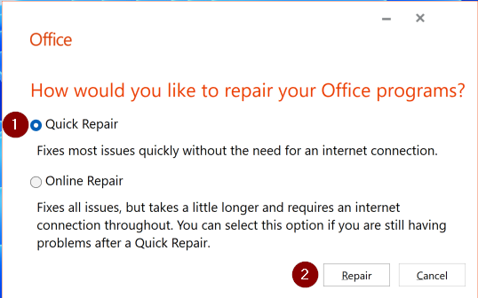 microsoft repair window, with the quick repair option highlighted
